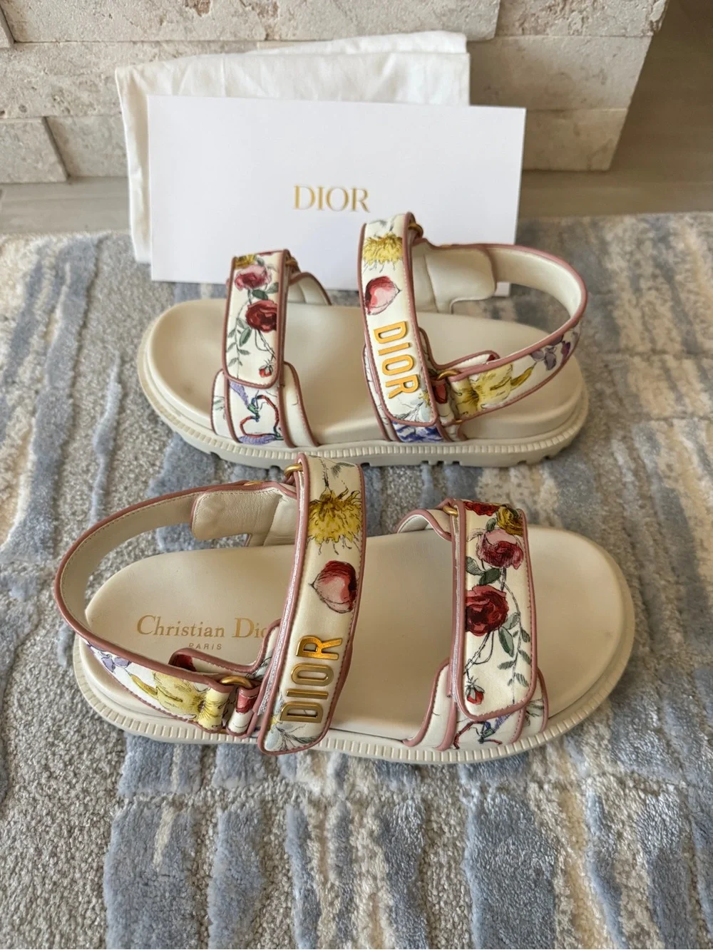 Dior Cream & Pink Floral DiorAct Dad Sandals - Gold Hardware